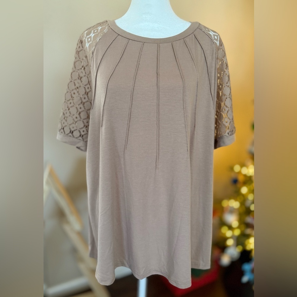 SHEIN Lace Sleeve Blouse in Soft Taupe, 3X
